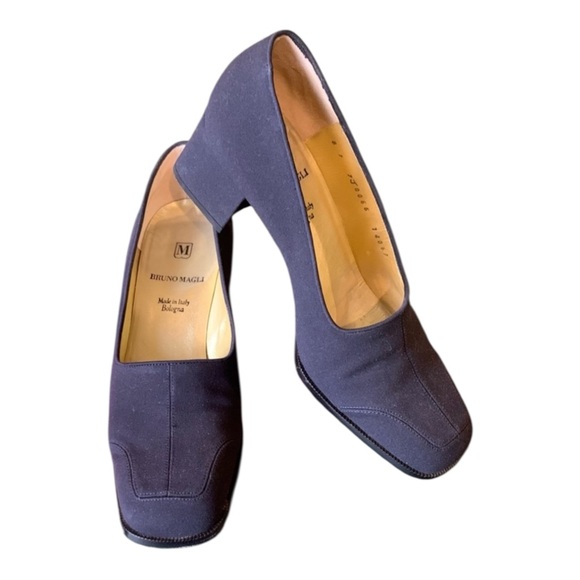 Vintage 90s BRUNO MAGLI Navy Square Toe Chunky Block Heels & Shoe Dust Bag - 7 B - Picture 6 of 16